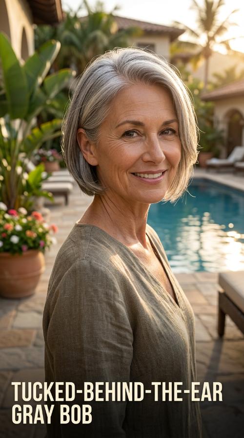Tucked-Behind-The-Ear Gray Bob