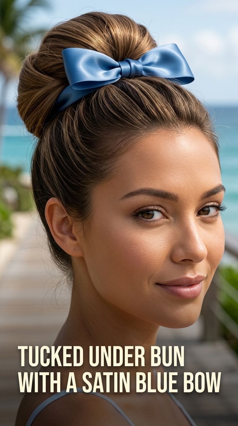 Tucked Under Bun with a Satin Blue Bow
