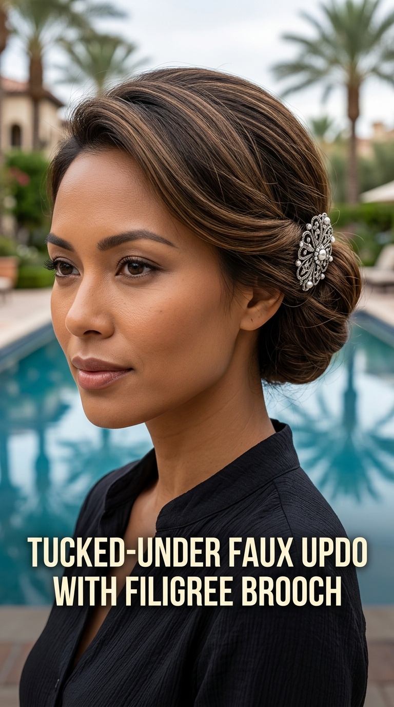 Tucked-Under Faux Updo with Filigree Brooch