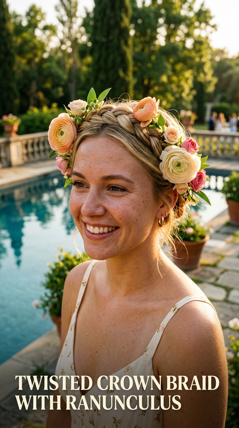 Twisted Crown Braid with Ranunculus