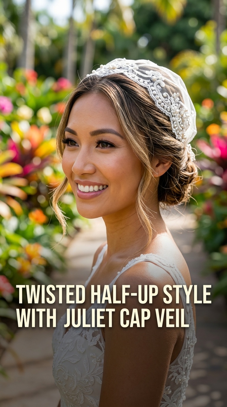 Twisted Half-Up Style with Juliet Cap Veil
