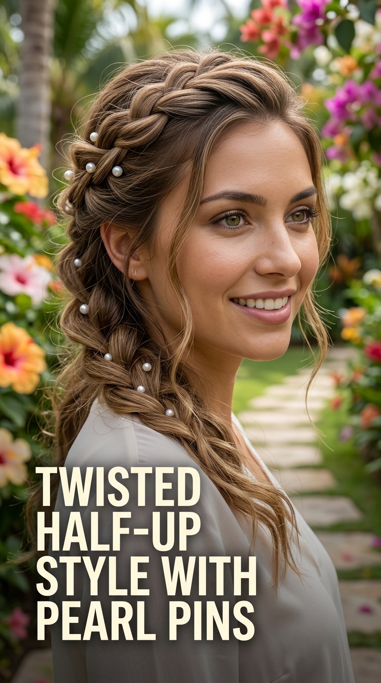 Twisted Half-Up Style with Pearl Pins