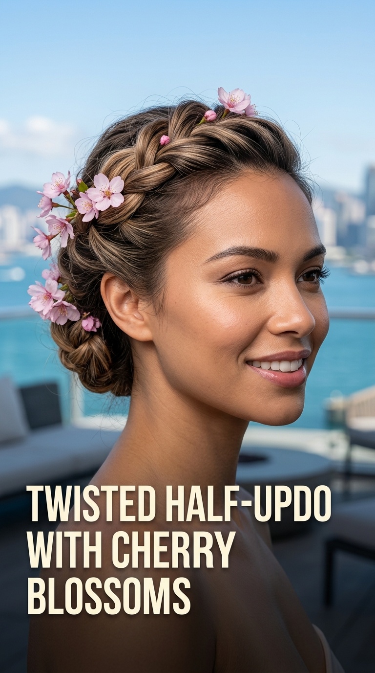 Twisted Half-Updo with Cherry Blossoms