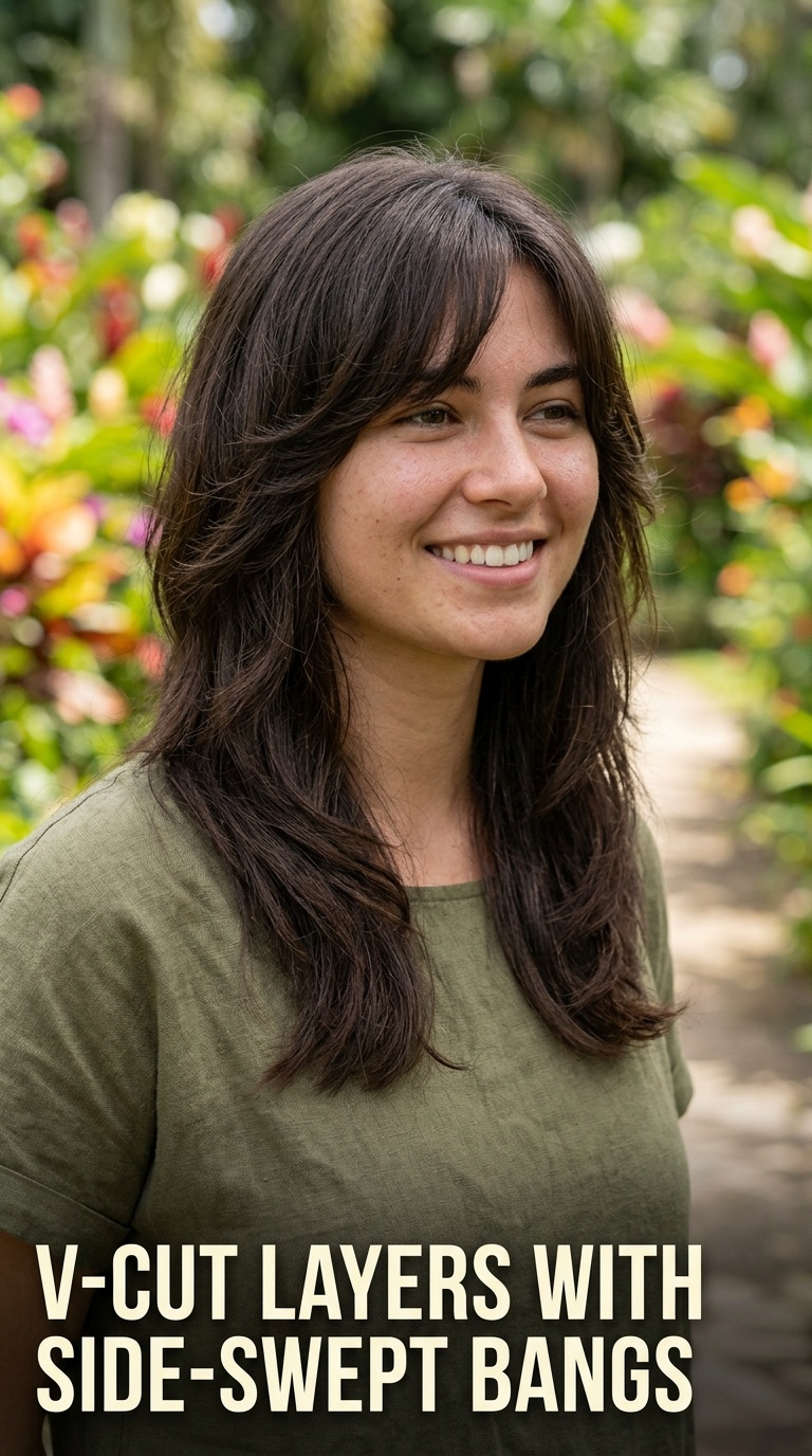 V-Cut Layers with Side-Swept Bangs