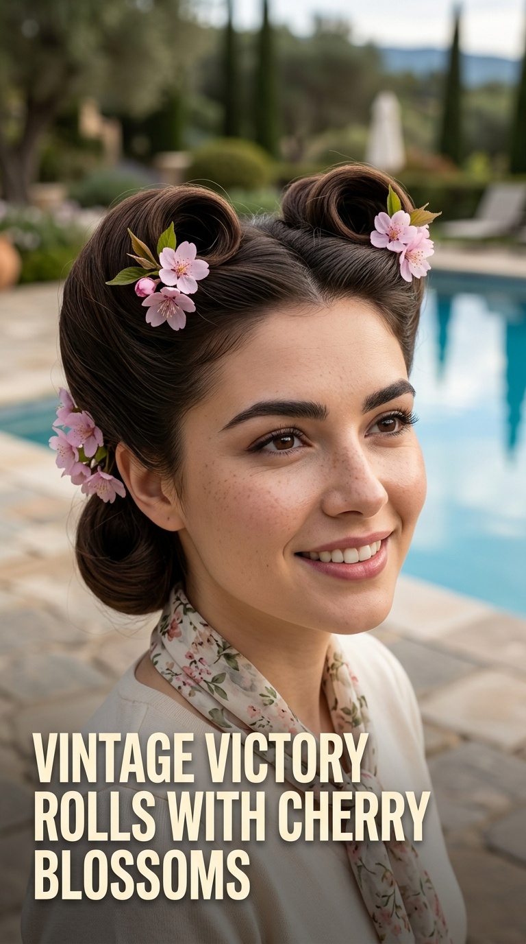 Vintage Victory Rolls with Cherry Blossoms