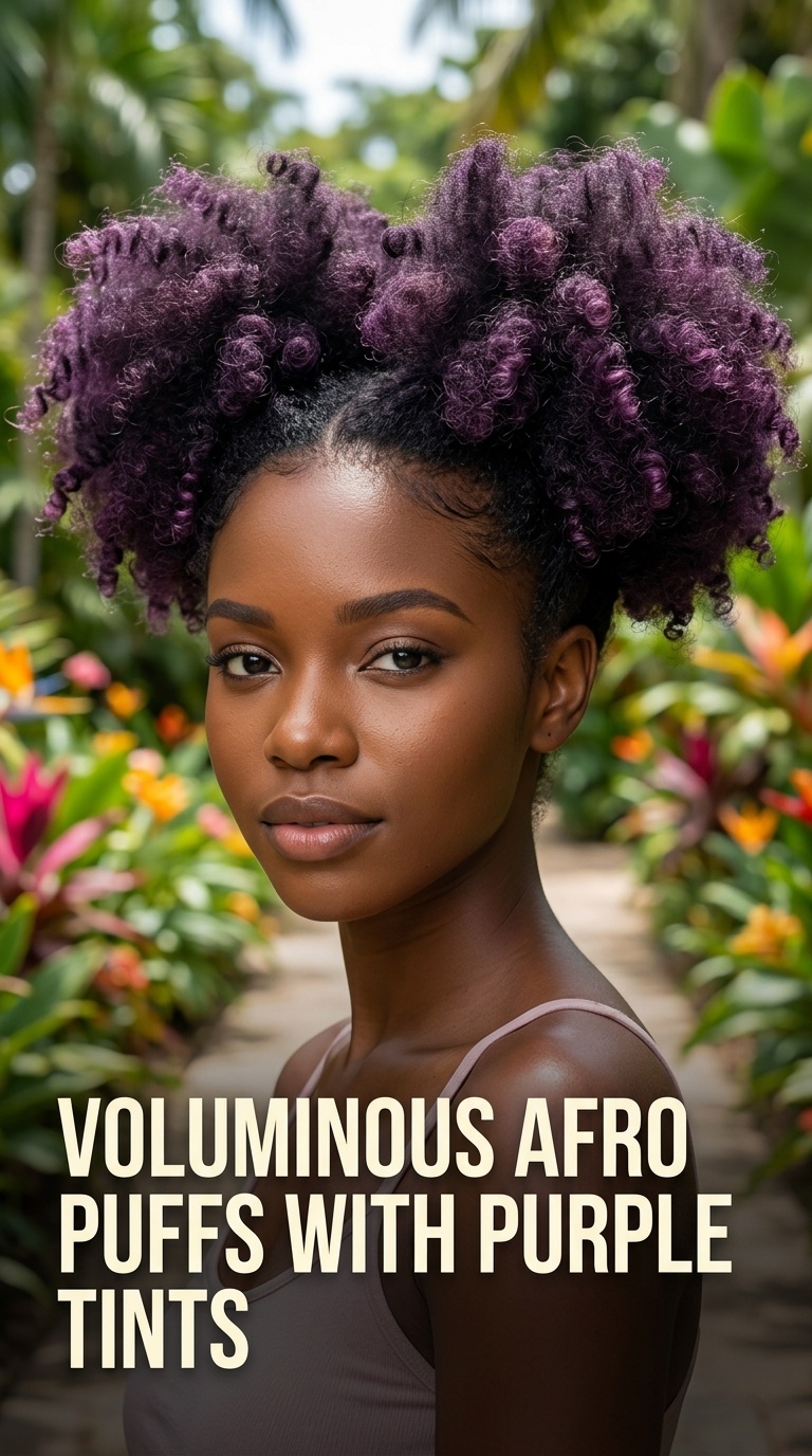 Voluminous Afro Puffs with Purple Tints