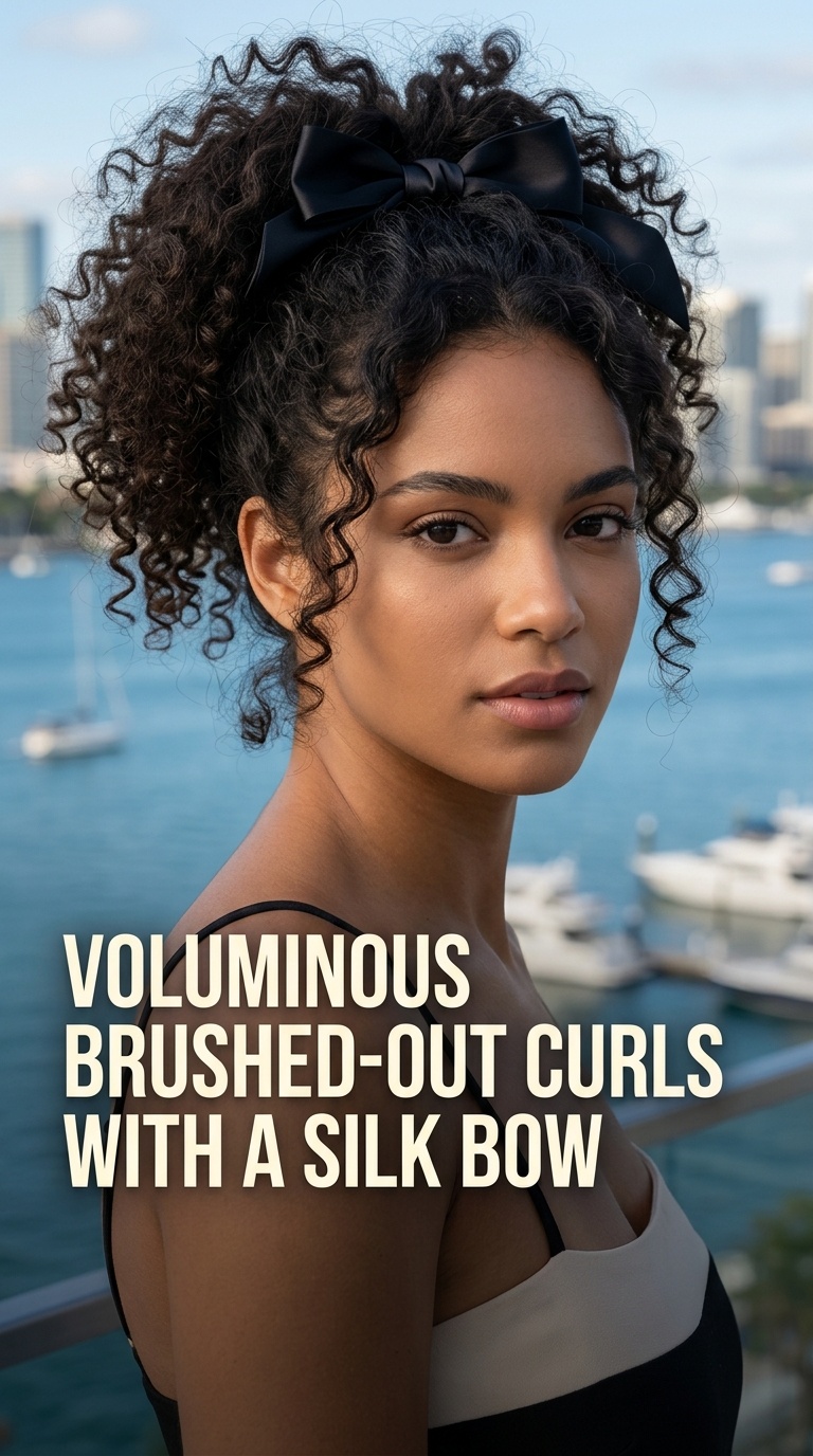 Voluminous Brushed-Out Curls with a Silk Bow