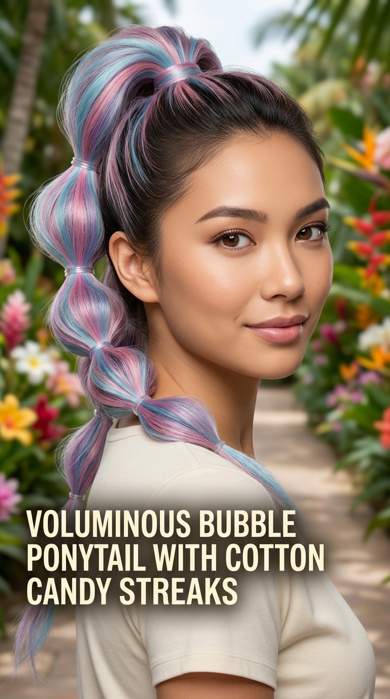 Voluminous Bubble Ponytail with Cotton Candy Streaks