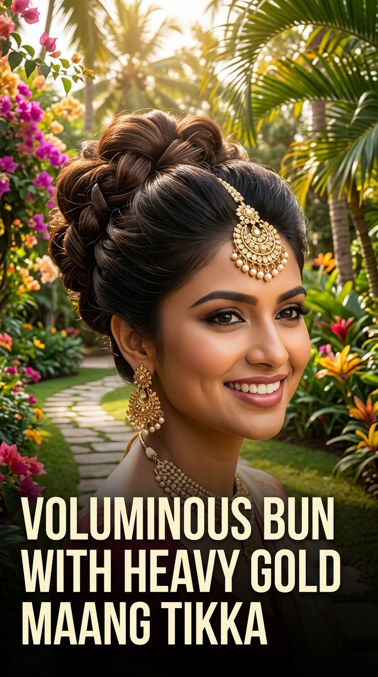 Voluminous Bun with Heavy Gold Maang Tikka