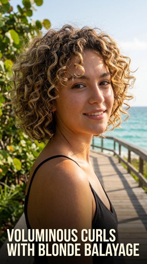 Voluminous Curls with Blonde Balayage