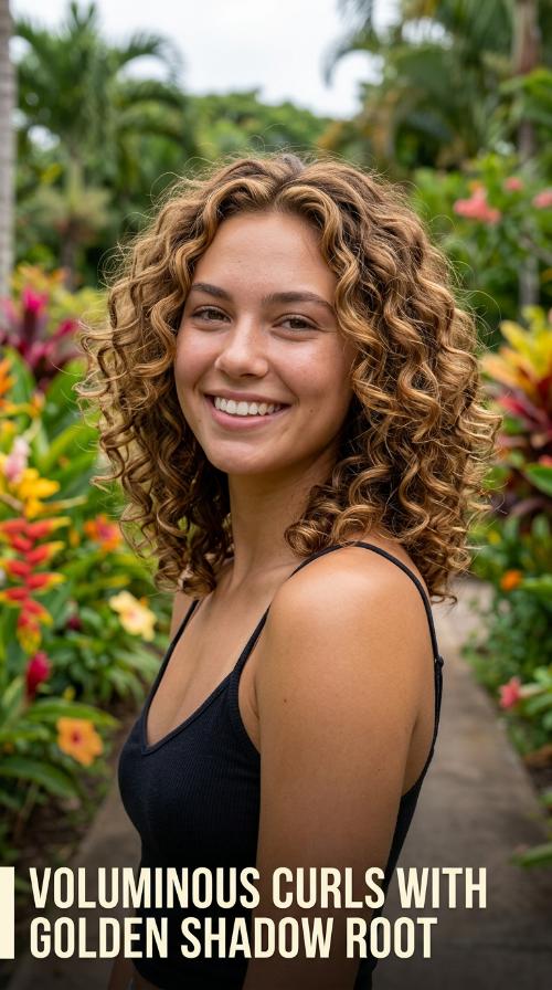 Voluminous Curls with Golden Shadow Root