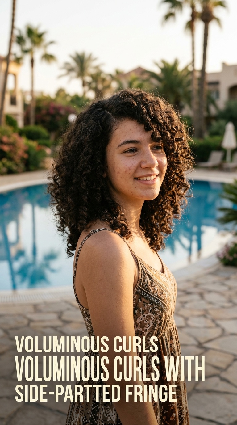 Voluminous Curls with Side-Parted Fringe