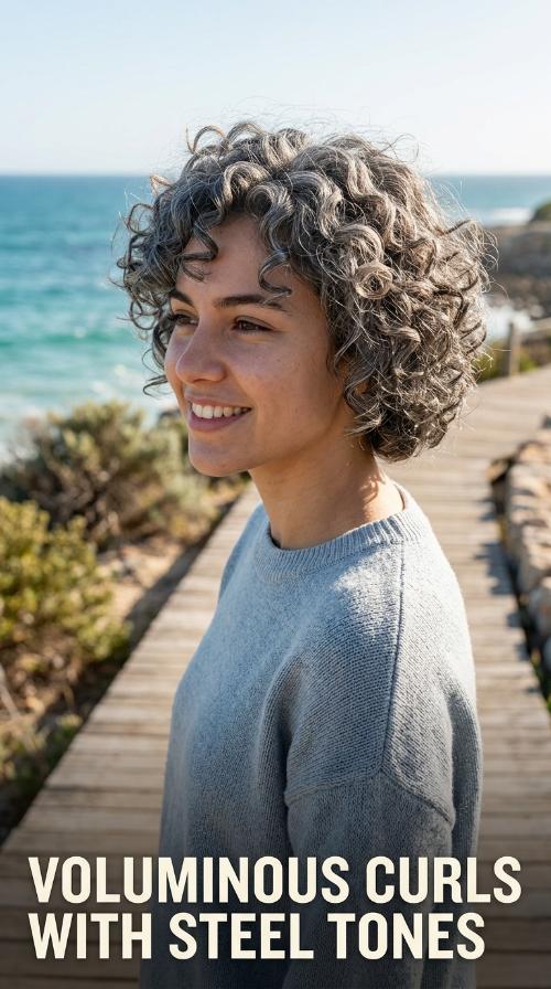 Voluminous Curls with Steel Tones