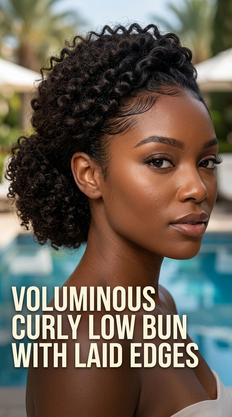 Voluminous Curly Low Bun with Laid Edges