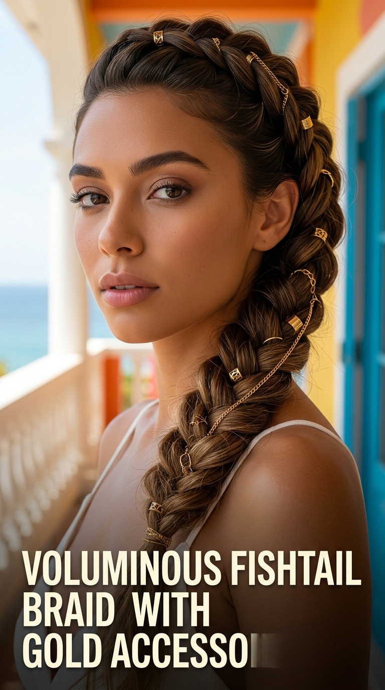 Voluminous Fishtail Braid with Gold Accessories