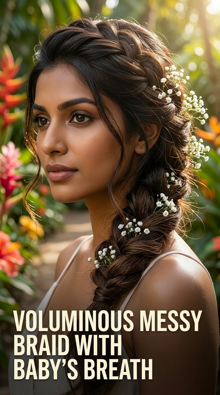 Voluminous Messy Braid with Baby’s Breath