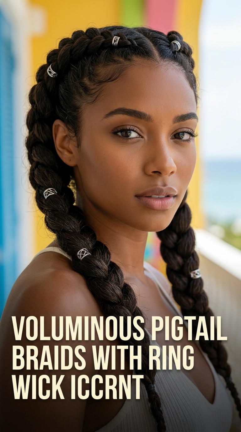 Voluminous Pigtail Braids with Ring Accents