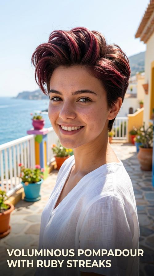Voluminous Pompadour with Ruby Streaks