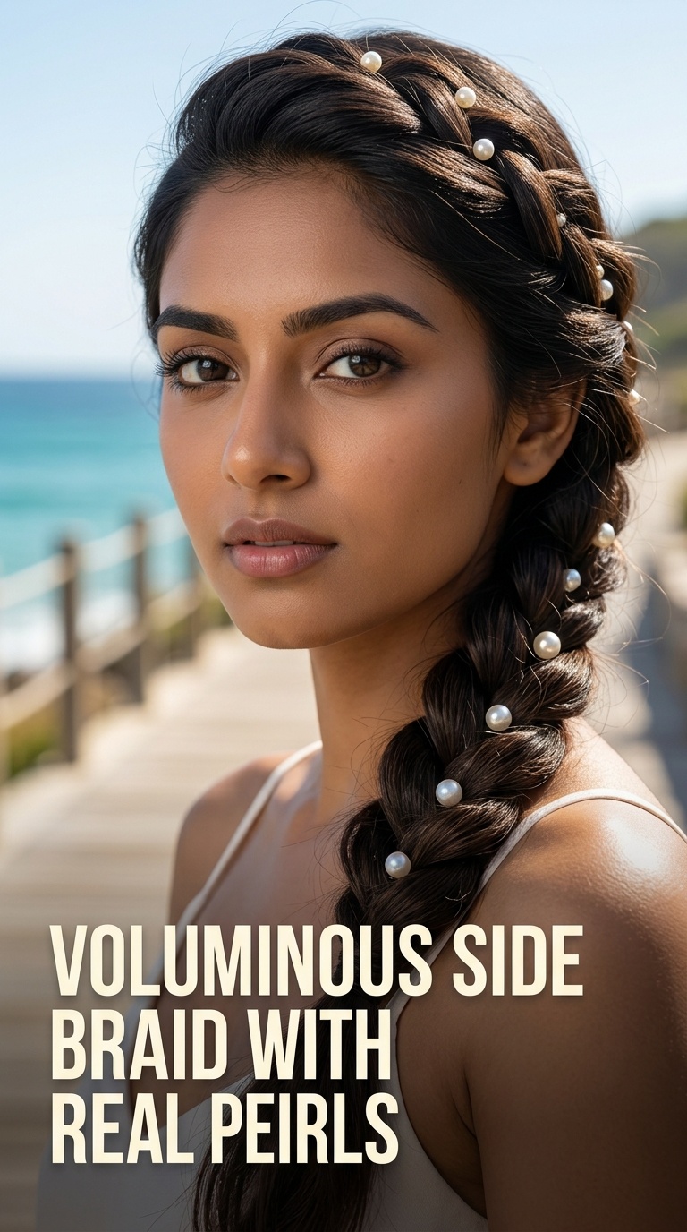 Voluminous Side Braid with Real Pearls
