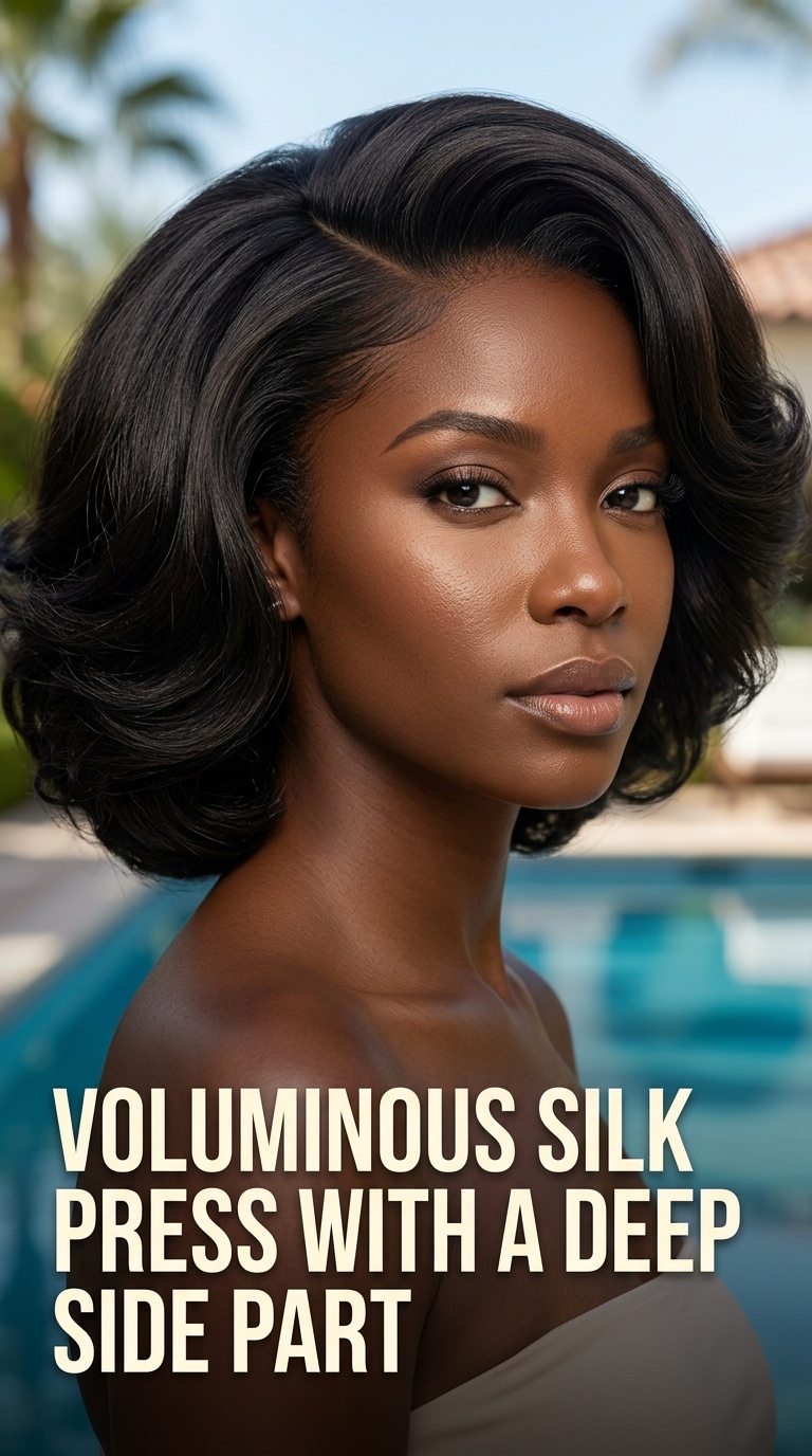 Voluminous Silk Press with a Deep Side Part
