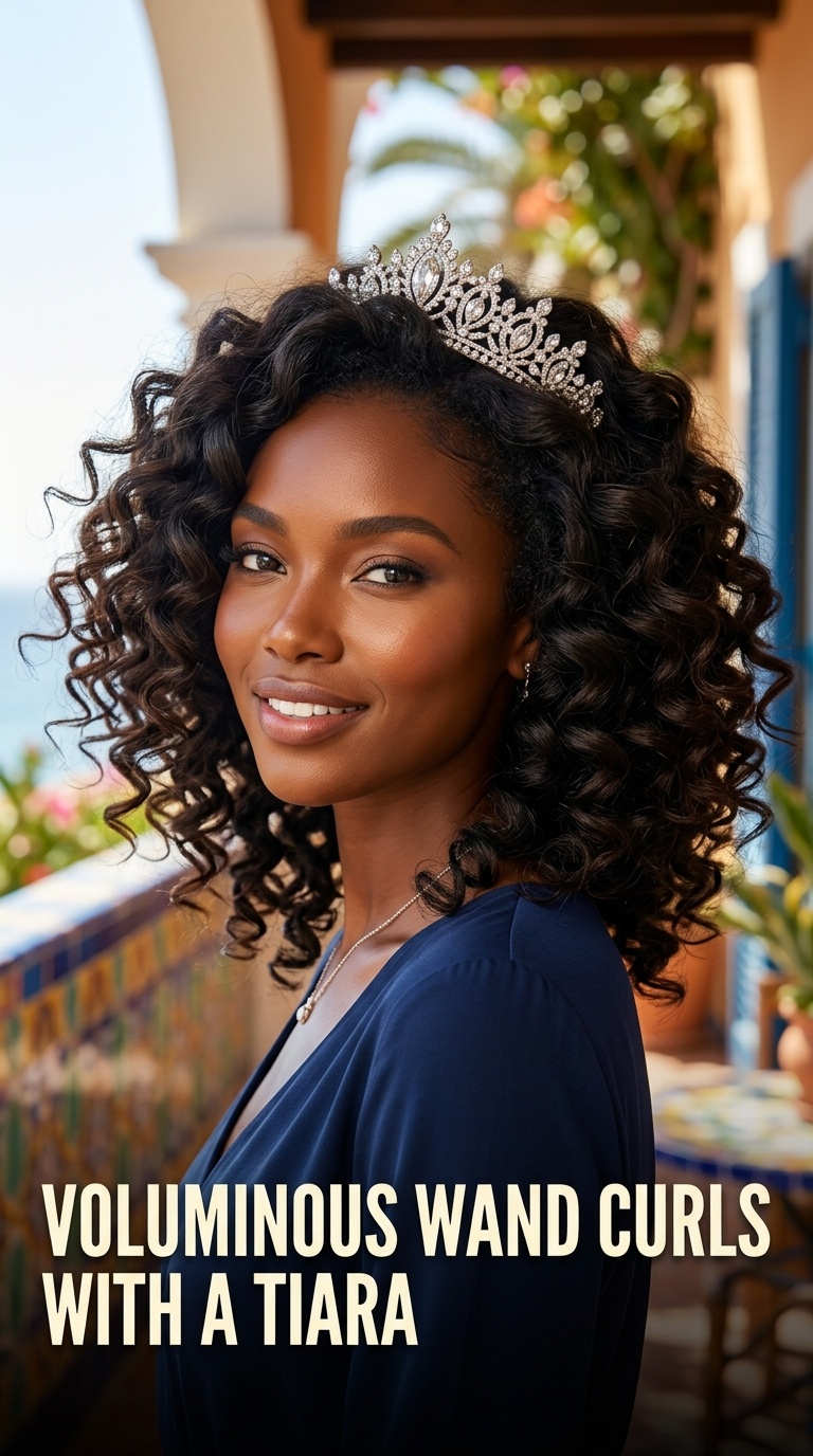 Voluminous Wand Curls with a Tiara