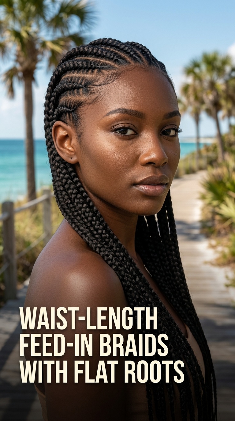 Waist-Length Feed-in Braids with Flat Roots