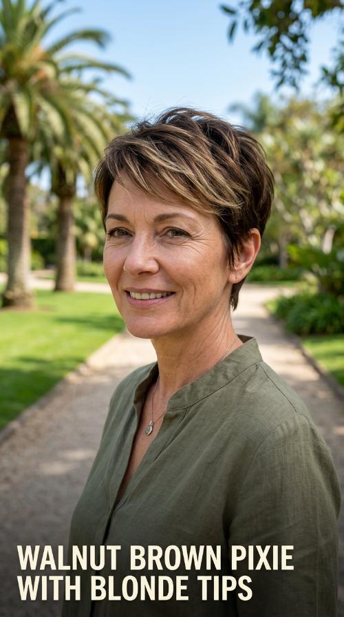 Walnut Brown Pixie with Blonde Tips