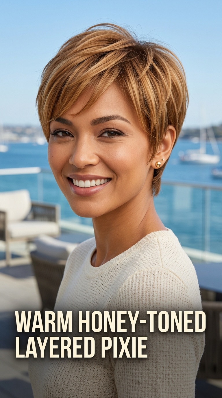 Warm Honey-Toned Layered Pixie