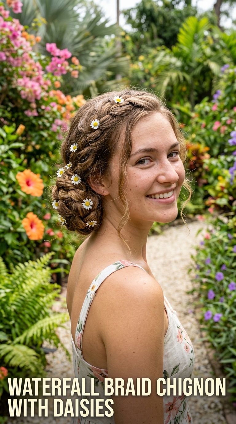Waterfall Braid Chignon with Daisies
