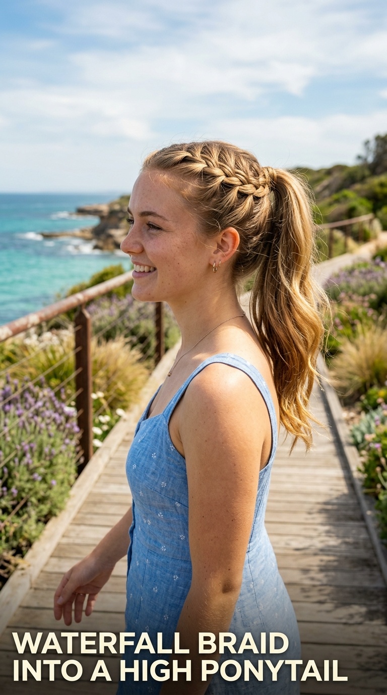 Waterfall Braid Into a High Ponytail