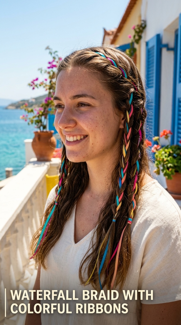 Waterfall Braid with Colorful Ribbons