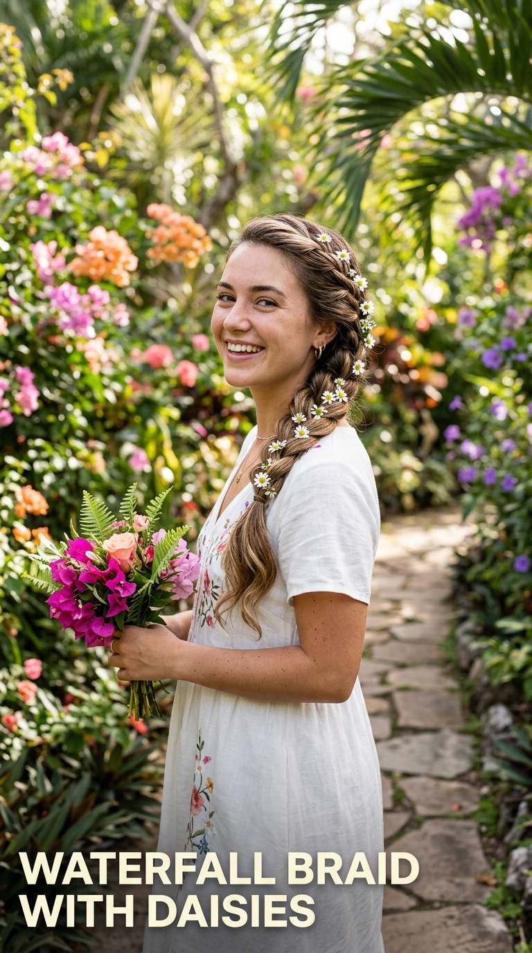 Waterfall Braid with Daisies