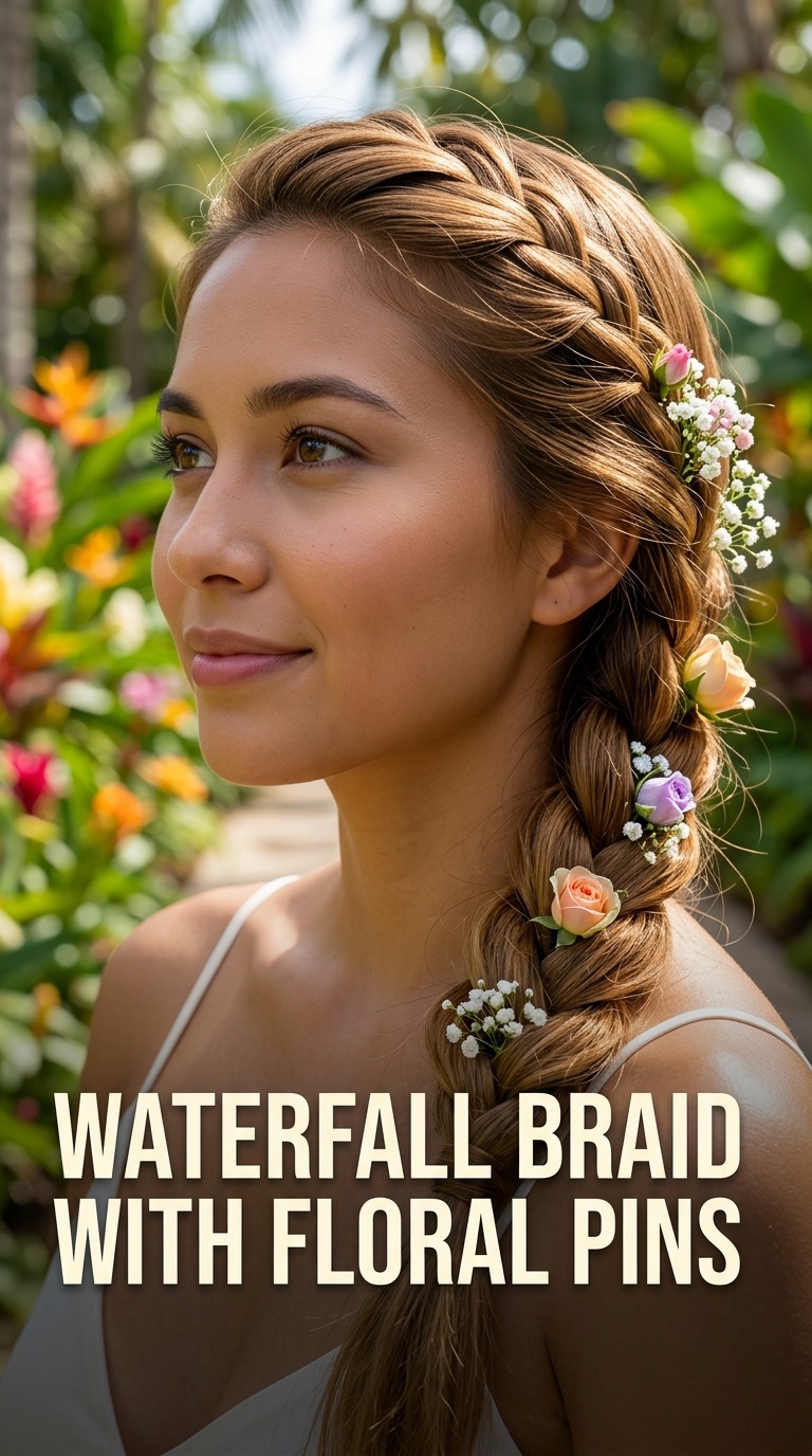 Waterfall Braid with Floral Pins