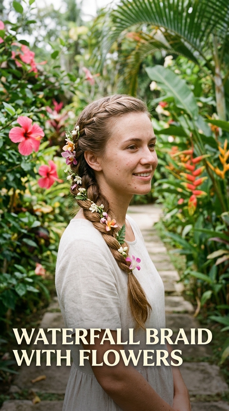 Waterfall Braid with Flowers