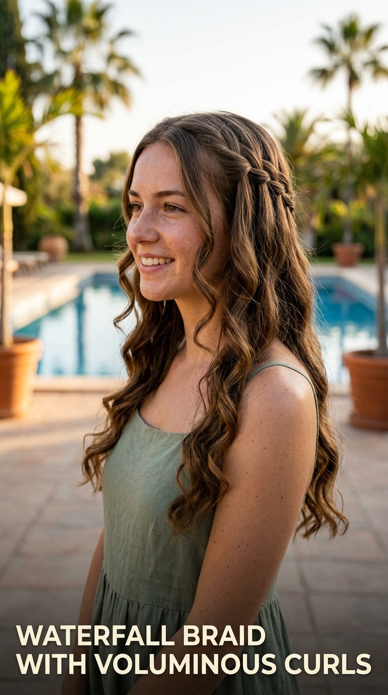 Waterfall Braid with Voluminous Curls