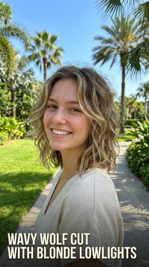 Wavy Wolf Cut with Blonde Lowlights