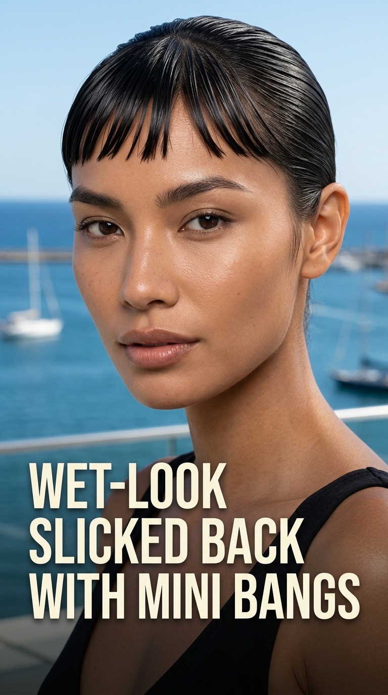 Wet-Look Slicked Back with Mini Bangs