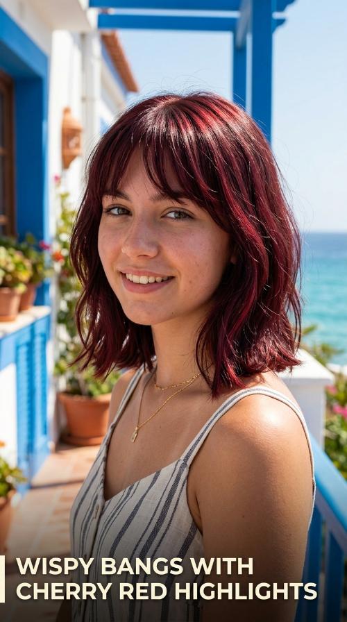 Wispy Bangs with Cherry Red Highlights