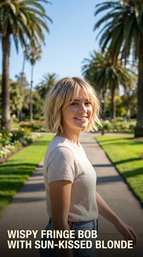 Wispy Fringe Bob with Sun-Kissed Blonde