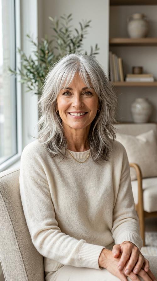 Wispy Silver Layers with Face-Framing Fringe