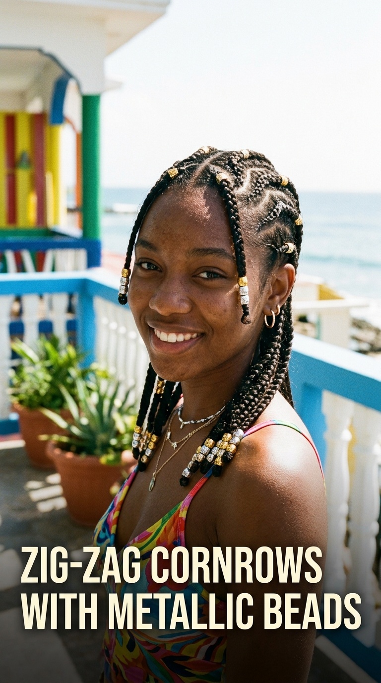 Zig-Zag Cornrows with Metallic Beads
