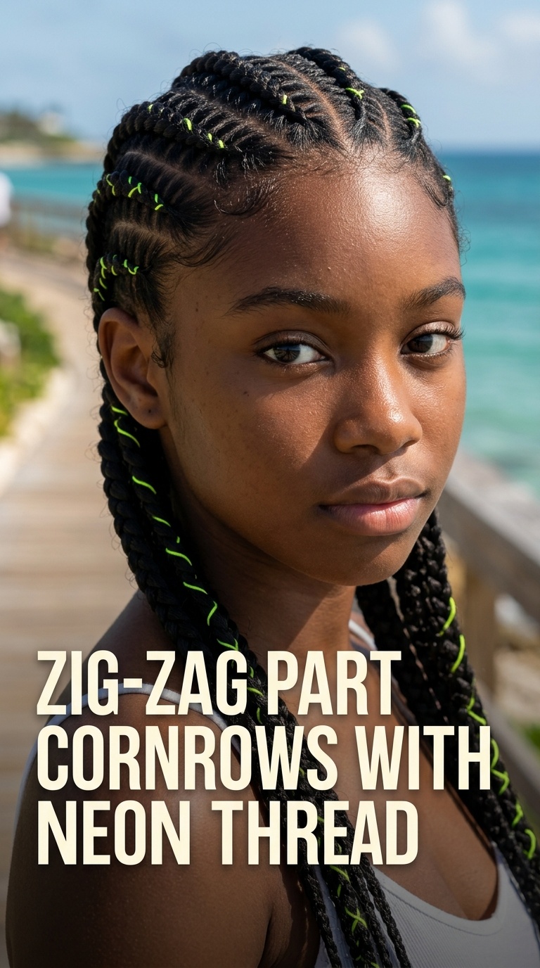 Zig-Zag Part Cornrows with Neon Thread