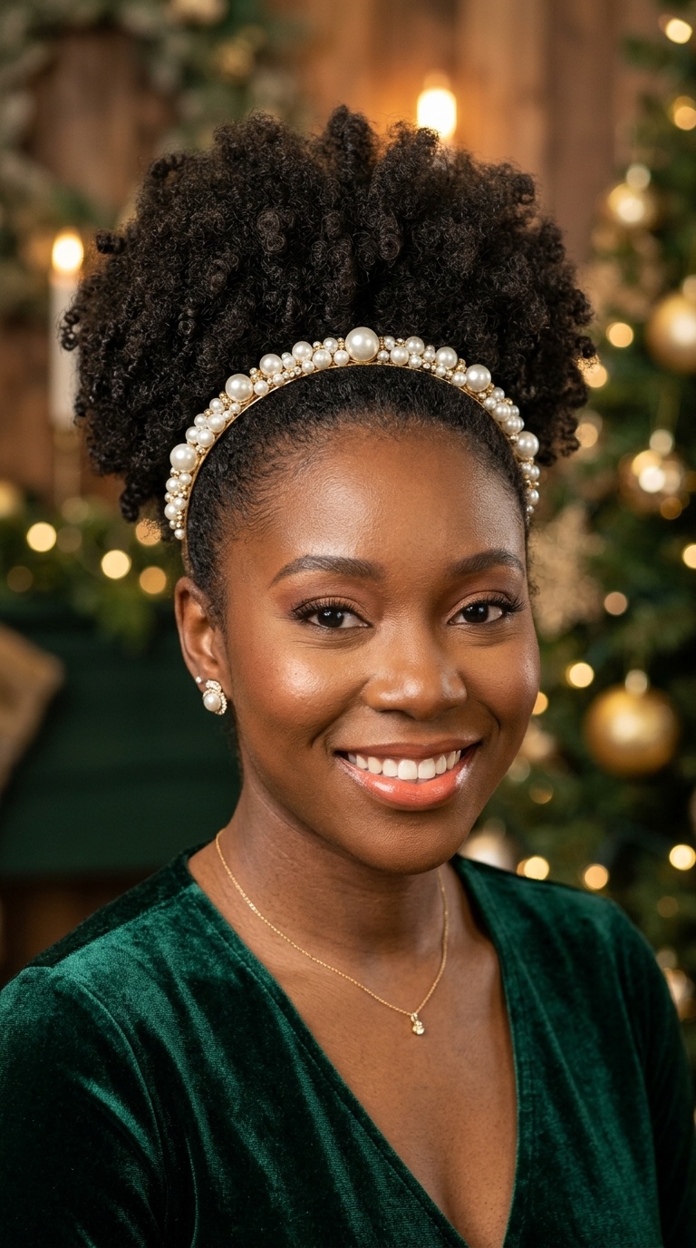 Afro Puff with a Pearl Headband
