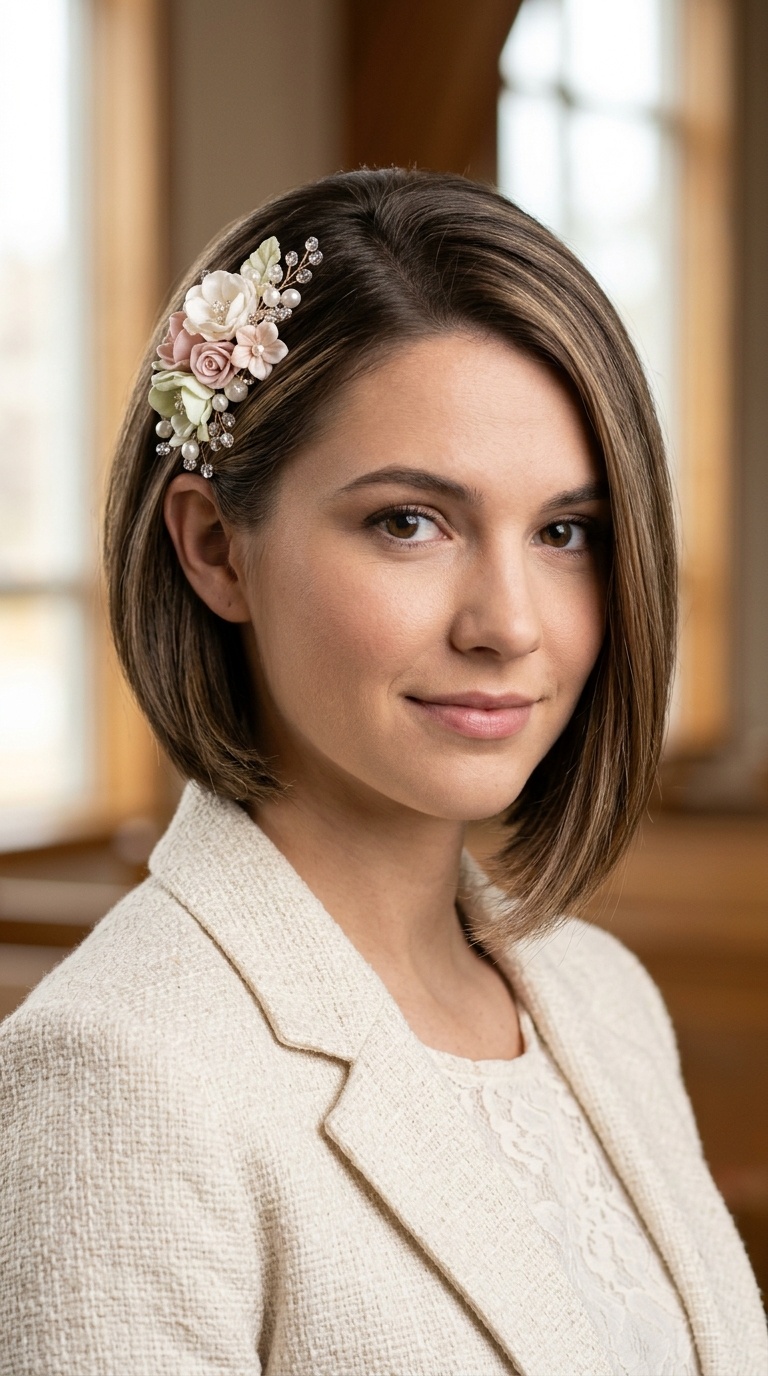 Asymmetrical Bob with Floral Pin