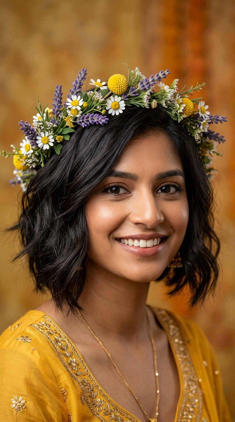 Asymmetrical Bob with Lavender and Daisy Wreath
