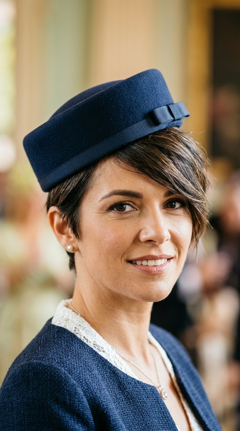Asymmetrical Crop with Pillbox Hat