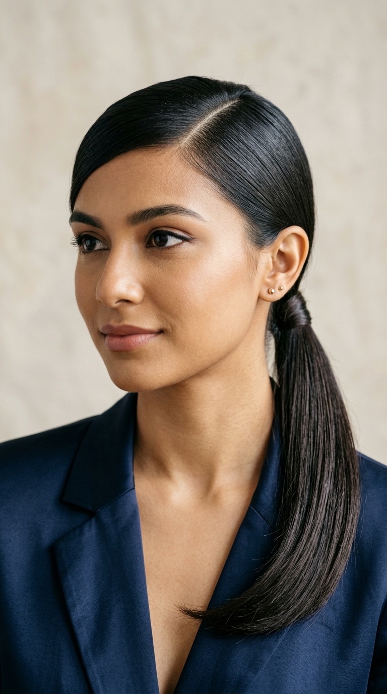 Asymmetrical Deep Side Part Ponytail