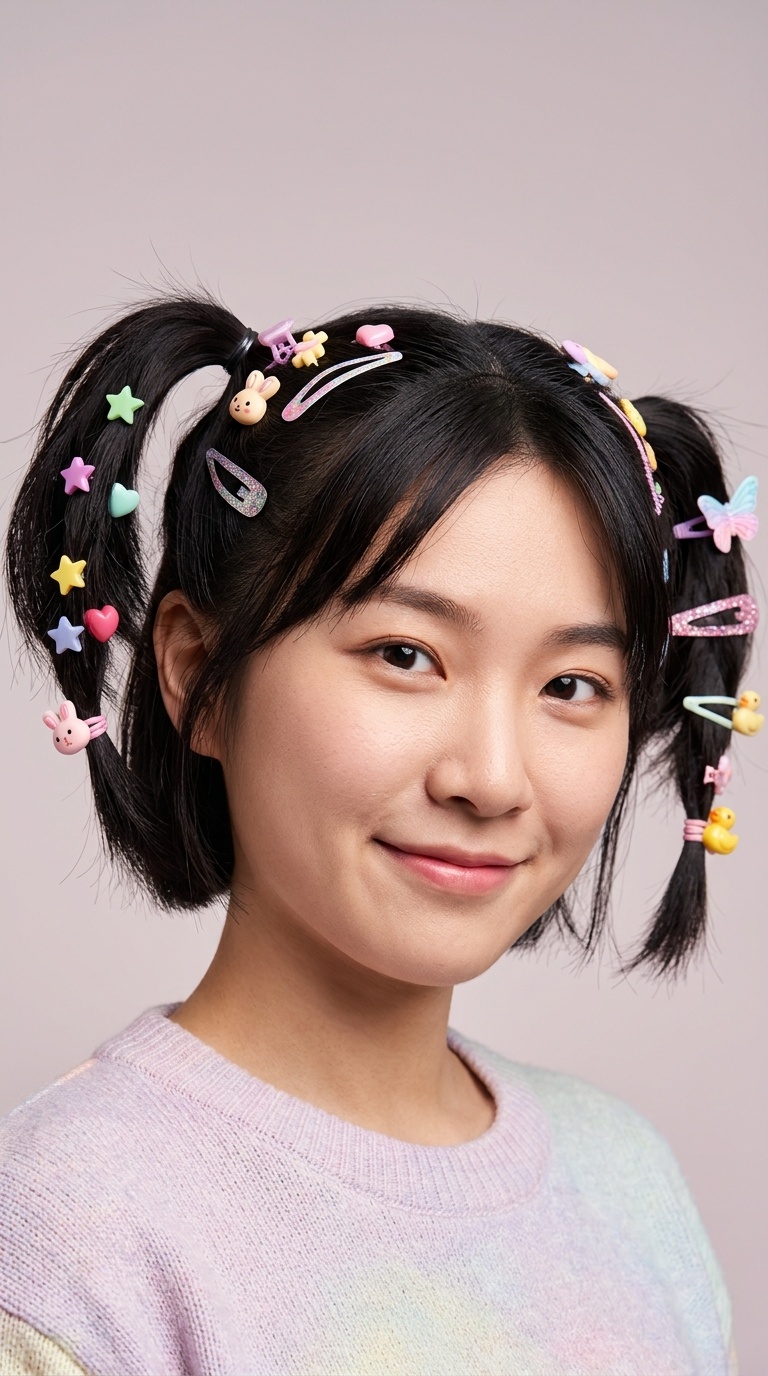 Asymmetrical Pigtails with Mismatched Clips