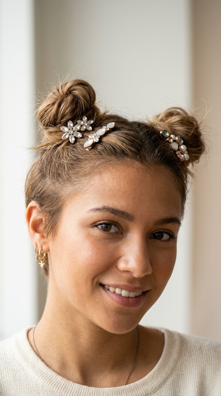 Asymmetrical Space Buns with Gemstone Clips