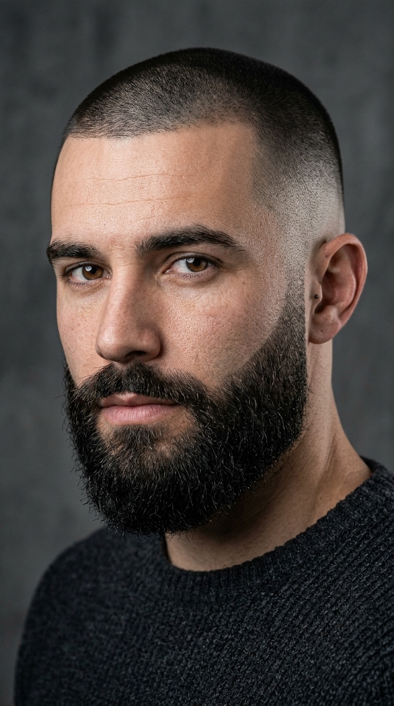 Bald Fade with Buzz Cut and Thick Beard